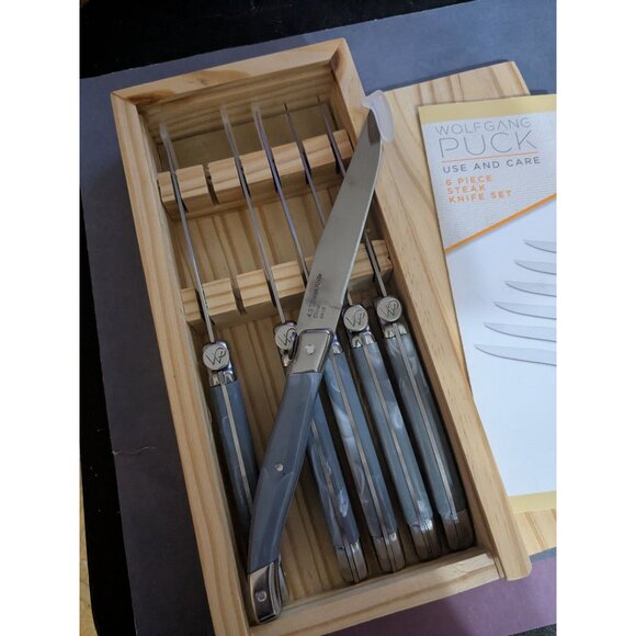 Wolfgang Puck Gray Handle 4.5 in Steak Knives Set of 6 W/ Wood Box - Picture 3 of 4